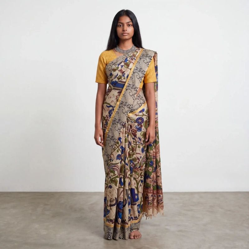 Pedana Kalamkari Semi Pattu Saree in Cream with Block-Printed Blouse