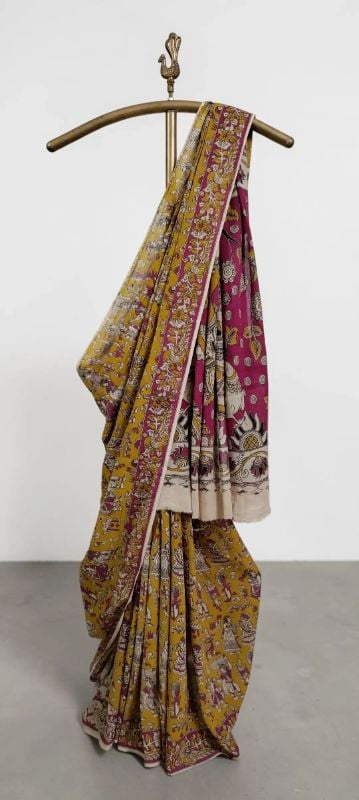 ✶ Screen-printed in Pedana, Andhra Pradesh Mustard Mulmul Cotton Kalamkari Saree with Magenta Pallu, Pedana Sold by Amit · GrocoHub  Sale Price ₹945.00 Regular Price ₹1,050.00 10% off