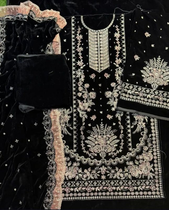 4 PC Velvet Embroidered Unstitched Women's Suit