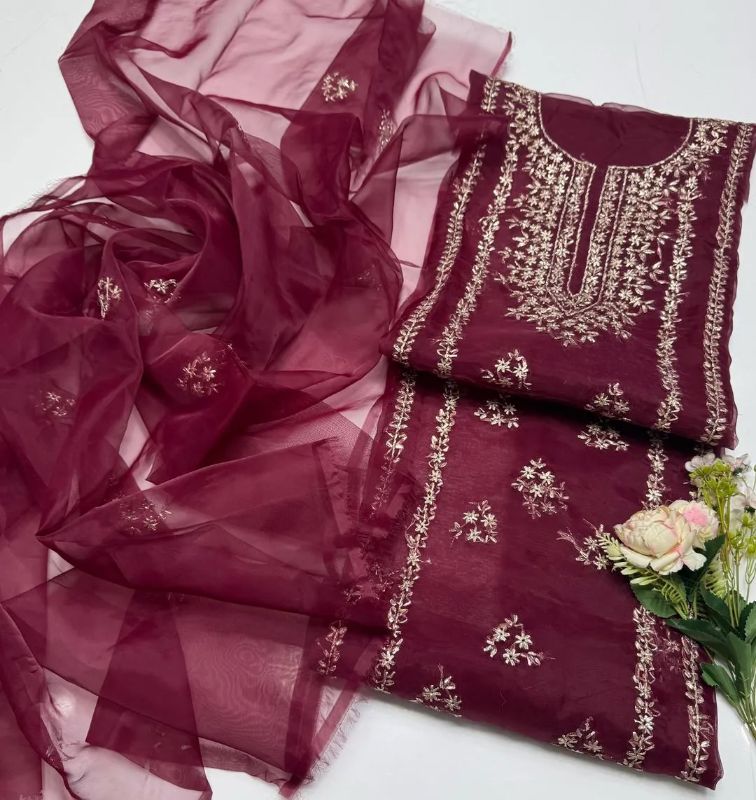 2 PC Hand Embroidered Organza Unstitched Suit #Design No 13