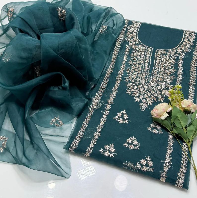 2 PC Hand Embroidered Organza Unstitched Suit #Design No 6