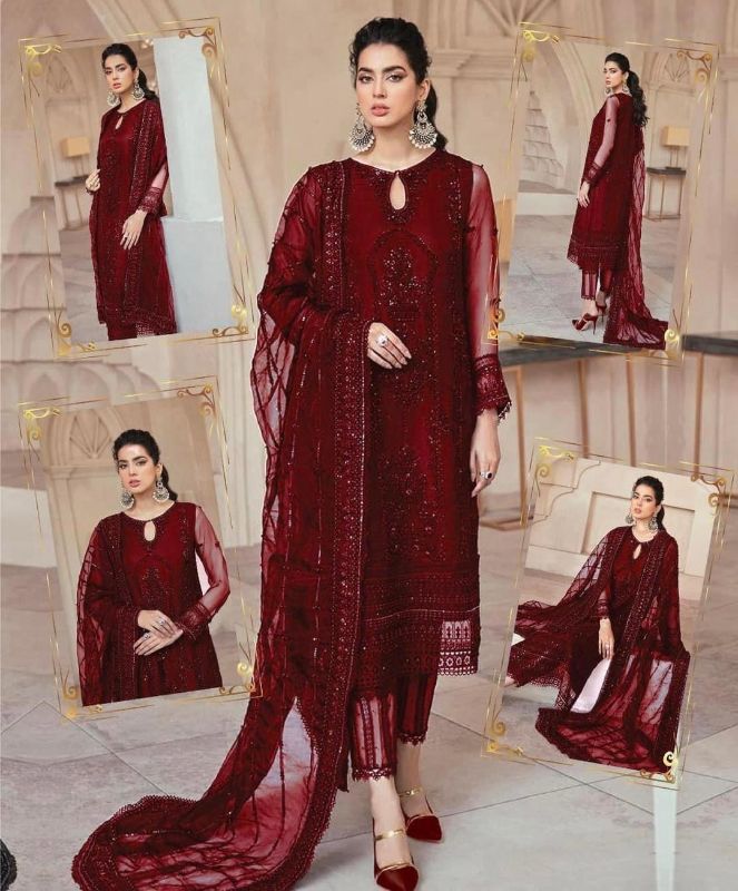 4 PC Embroidered Net Hand Unstitched Women's Suit #Art 15