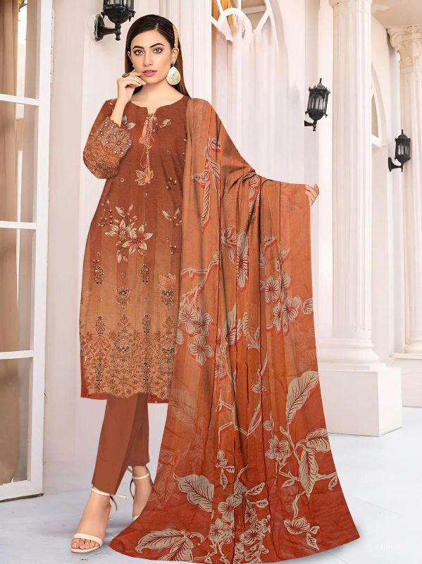 3 Pcs Women's Unstitched Printed Embroidered Suit #Design 01