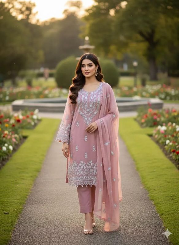 2 PC Embroidered Hand Work Shiffon Unstitched Suit #Design No 4