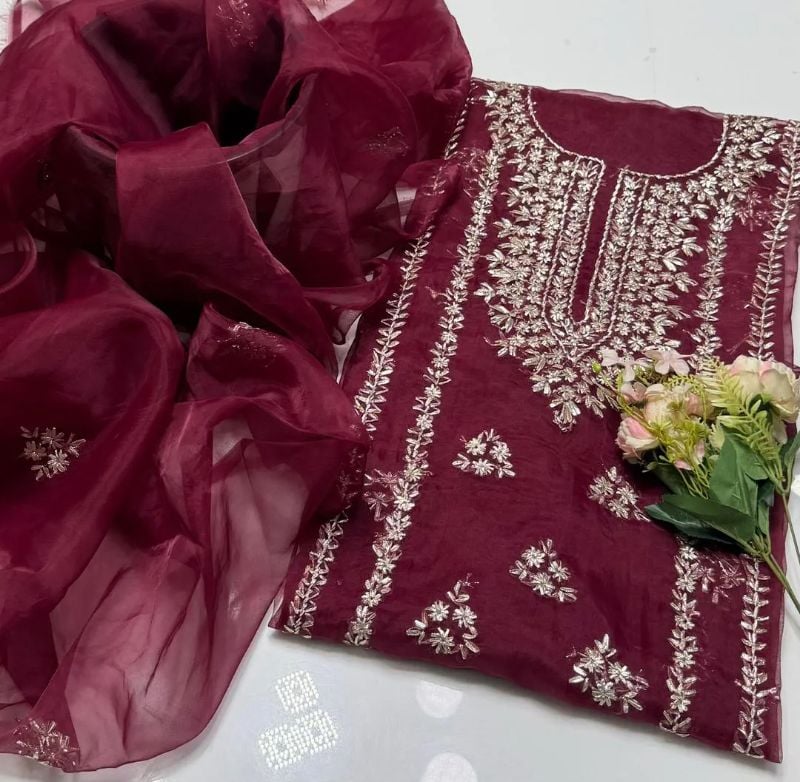 2 PC Hand Embroidered Organza Unstitched Suit #Design No 7