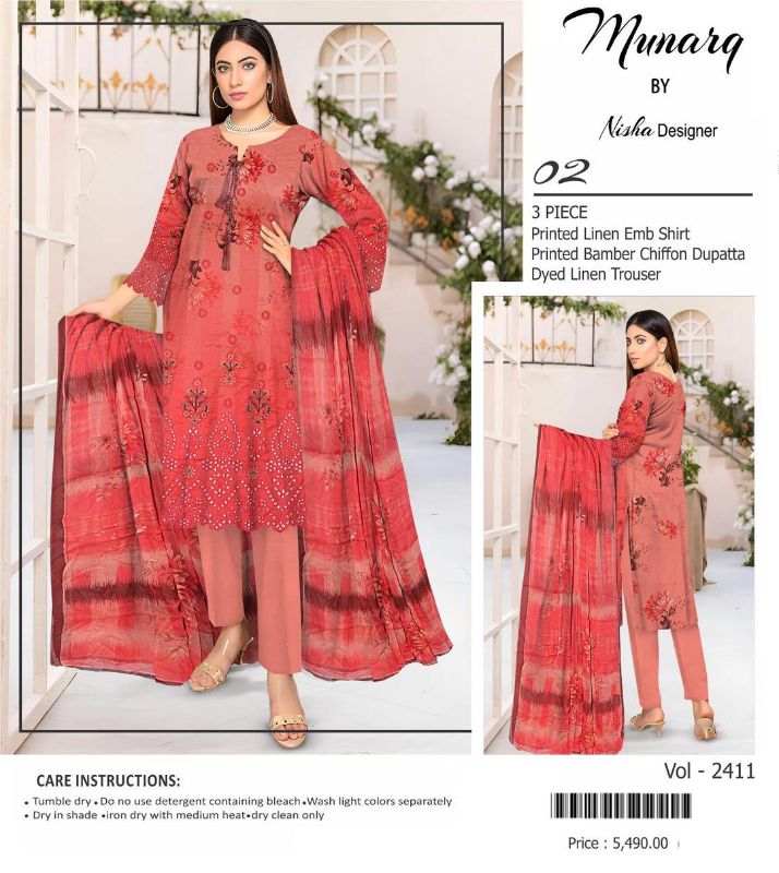 3 Pcs Women's Unstitched Printed Embroidered Suit #Design 02