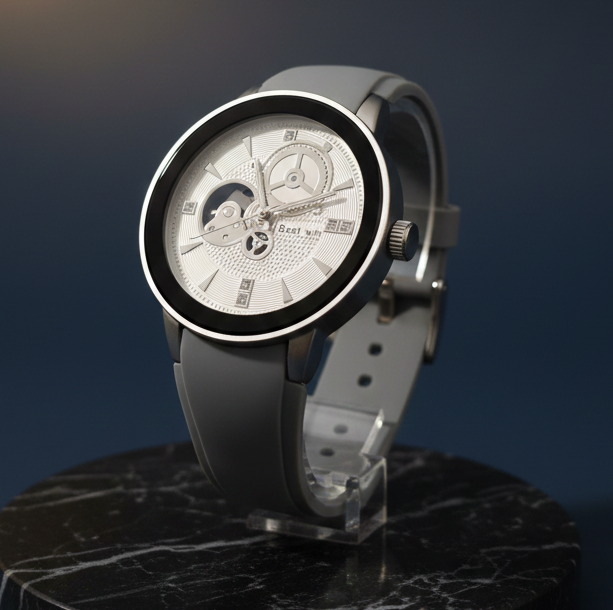 Best win" Men's [or Unisex] Automatic Mechanical Wristwatch - Silver Skeleton Dial, Grey Leather Strap, and Visible Gear Movement - Day-to-Day Elegance and Timepiece Sophistication ( without box)