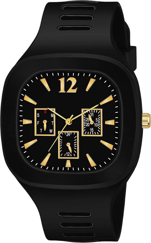 Stylish Black Silicone Strap Watch for Men with Square Dial - Black