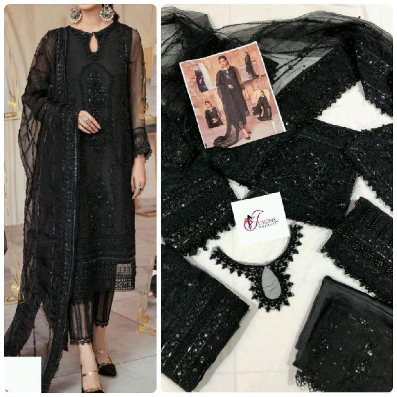 4 PC Embroidered Net Hand Unstitched Women's Suit #Art 15