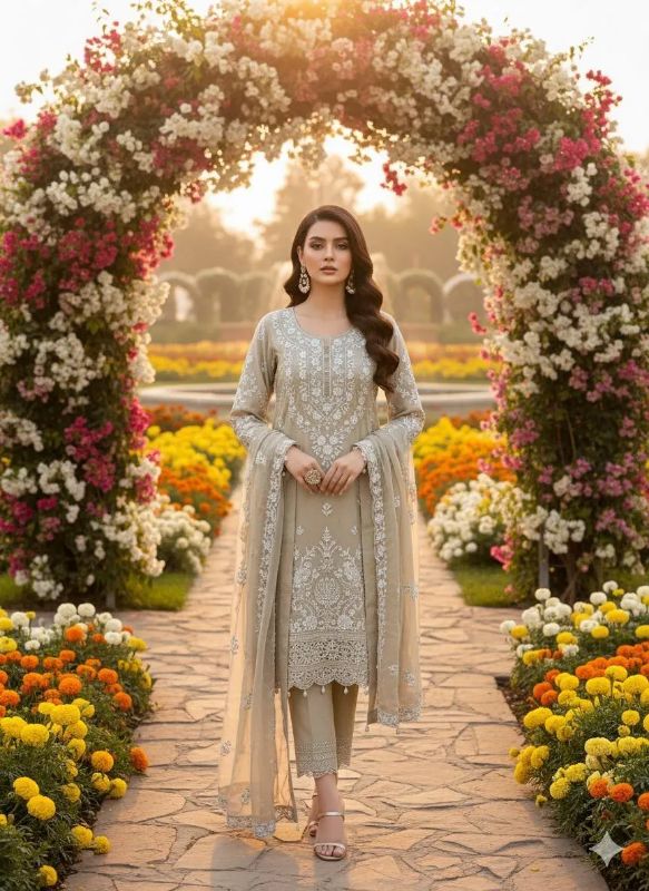 2 PC Embroidered Hand Work Shiffon Unstitched Suit #Design No 1