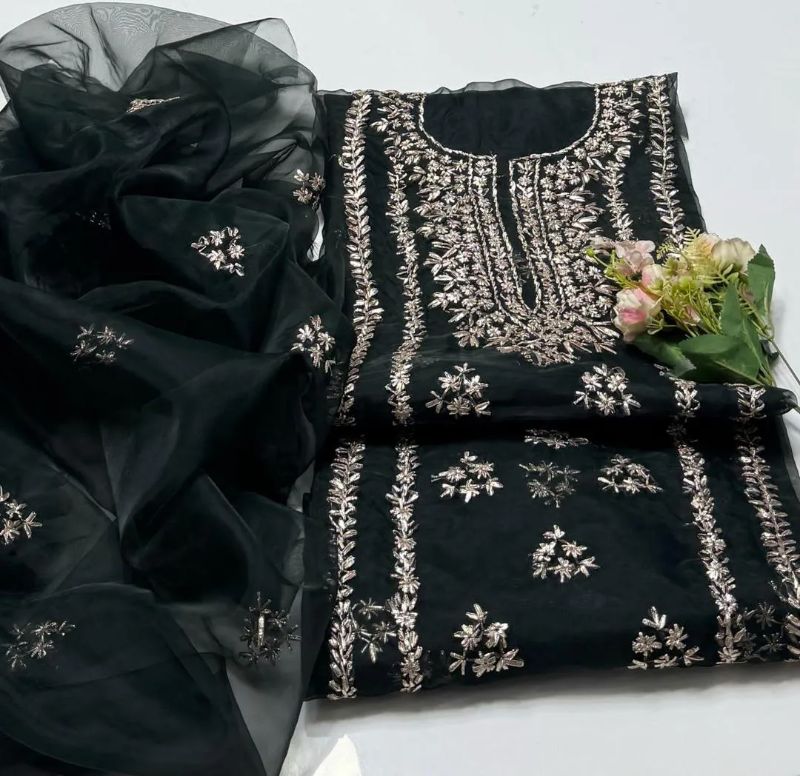 2 PC Hand Embroidered Organza Unstitched Suit #Design No 1