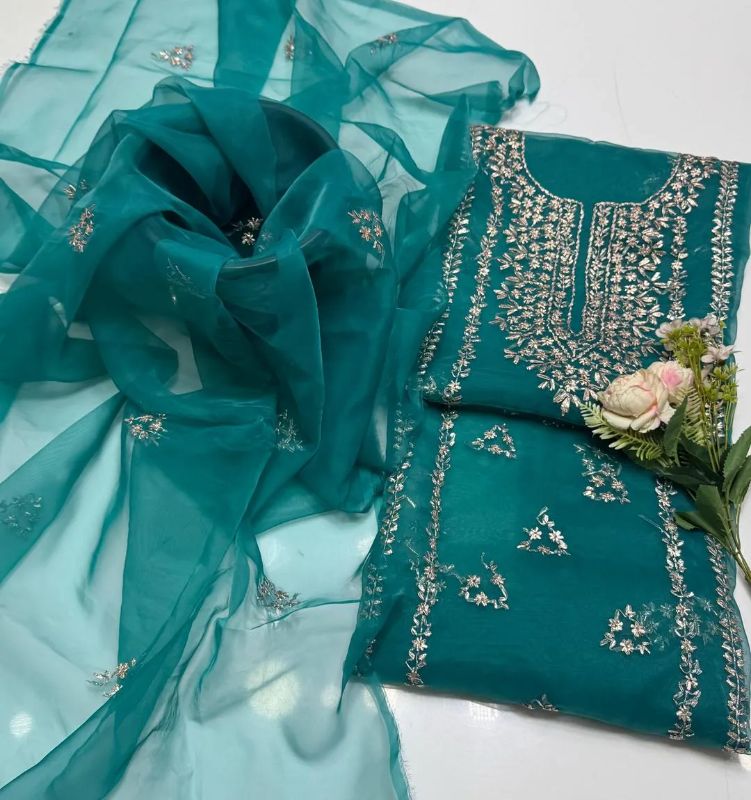 2 PC Hand Embroidered Organza Unstitched Suit #Design No 17