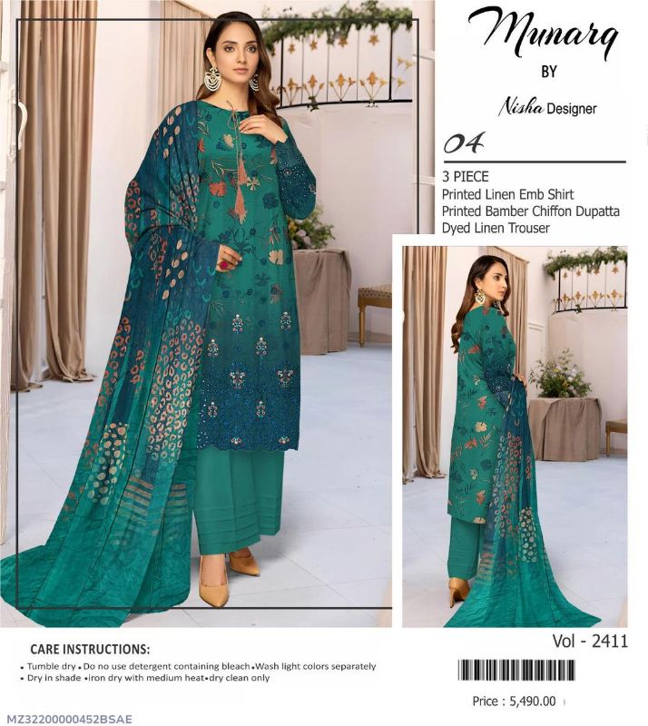 3 Pcs Women's Unstitched Printed Embroidered Suit #Design 04