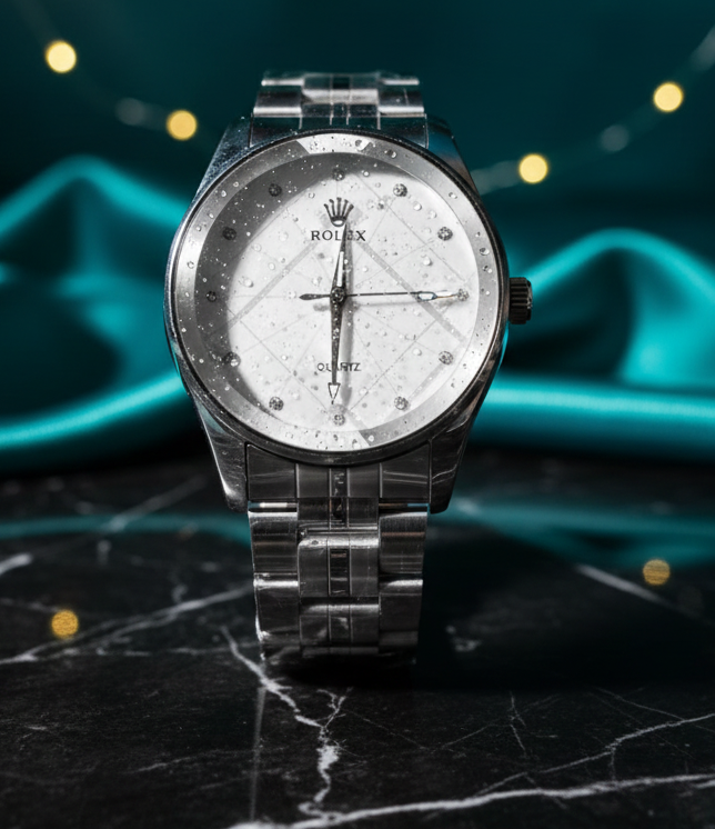 Luxury-Style Silver-Toned Quartz Wristwatch with Crown Logo and Pave Markers( without box )