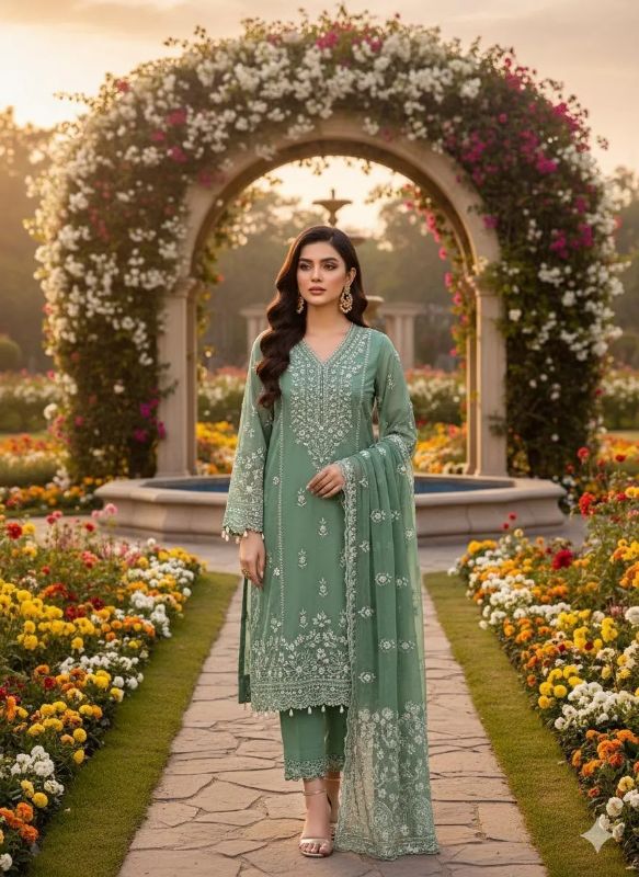 2 PC Embroidered Hand Work Shiffon Unstitched Suit #Design No 2