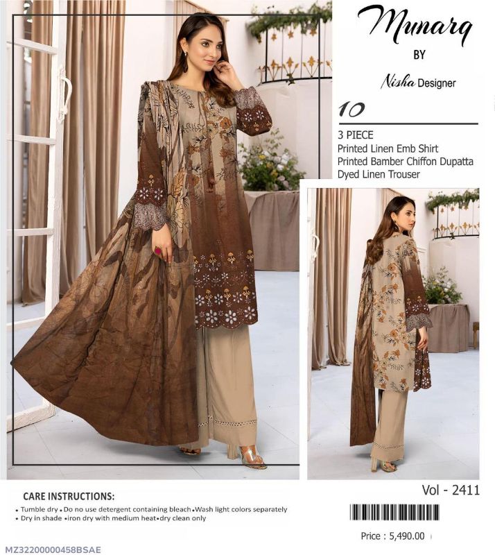 3 Pcs Women's Unstitched Printed Embroidered Suit #Design 10