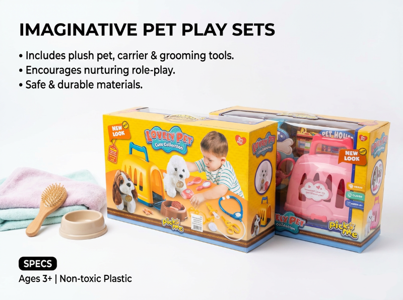 مجموعة ألعاب الطبيب البيطري من Lovely Pet Cute Collection، والتي تتضمن جروًا قطيفة، وحاملة حيوانات أليفة، وأدوات طبية متنوعة للعب.