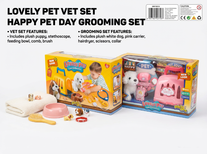 مجموعة ألعاب الطبيب البيطري من Lovely Pet Cute Collection، والتي تتضمن جروًا قطيفة، وحاملة حيوانات أليفة، وأدوات طبية متنوعة للعب.