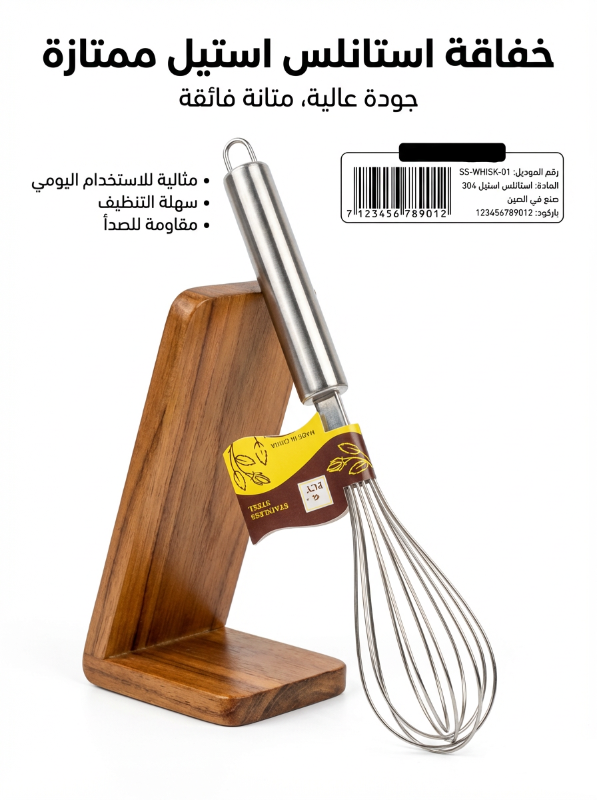 خفاقة الفولاذ المقاوم للصدأ بتصميم متين مع مقبض مريح وحامل خشبي متناسق.
