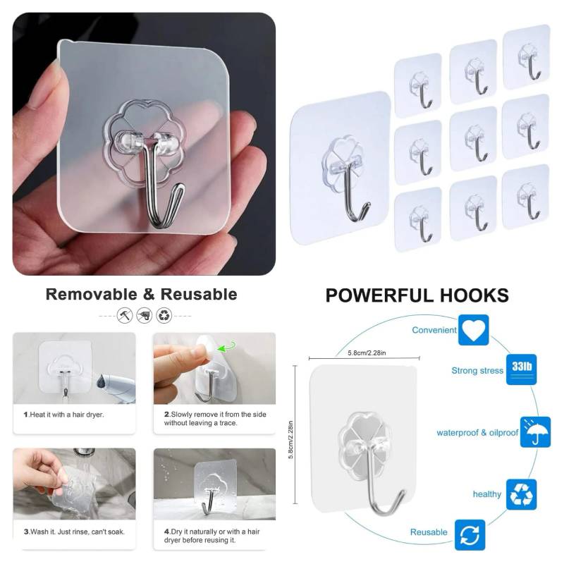 Adhesive SIngle Wall Hooks 10 pcs