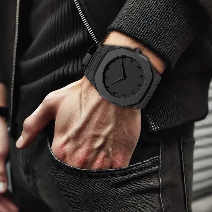 The Noir Eastern Minimalist – Matte Black Octagonal Timepiece ( without box)