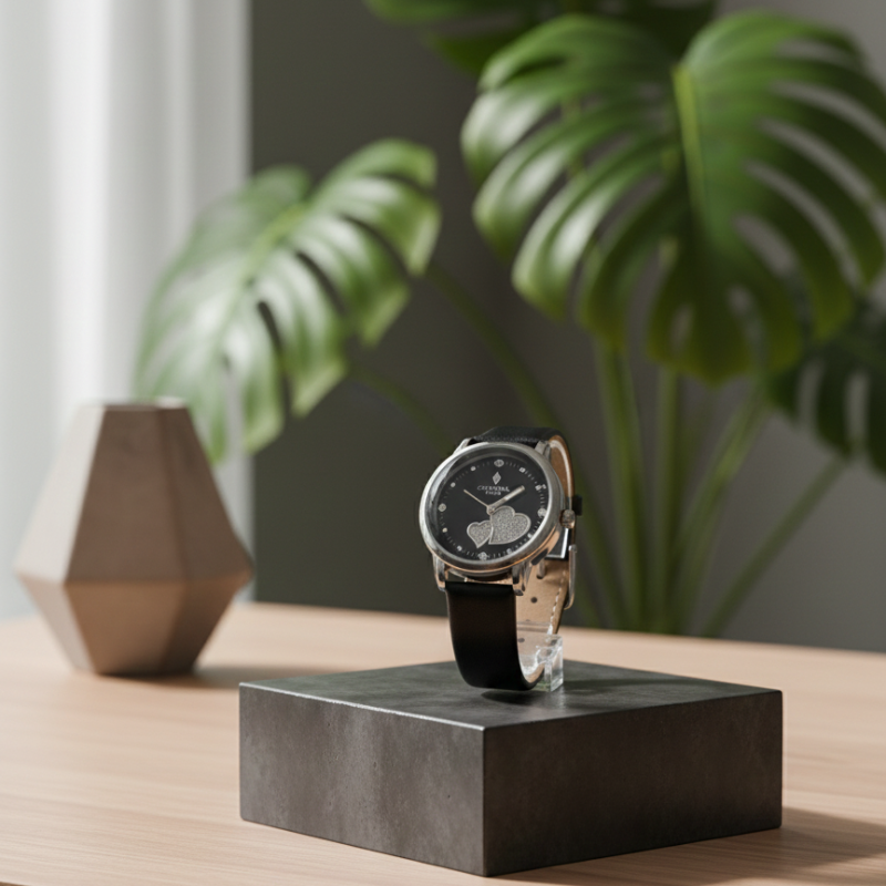 Elegant Crystal Time Women's Black Leather Strap Watch with Pavé Crystal Heart Accents( WITHOUT BOX )