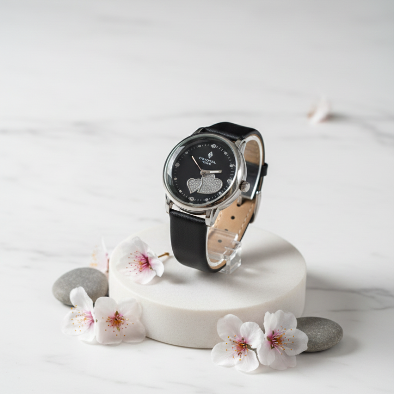 Elegant Crystal Time Women's Black Leather Strap Watch with Pavé Crystal Heart Accents( WITHOUT BOX )