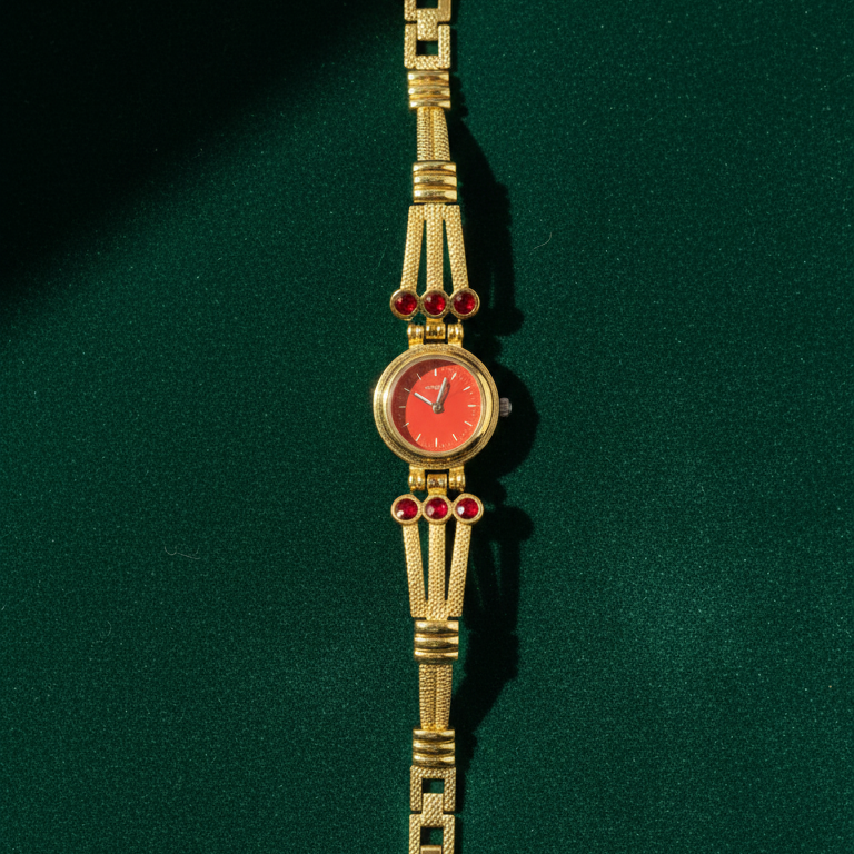 Vintage Gold-Tone Bracelet Watch with Ruby-Red Accents