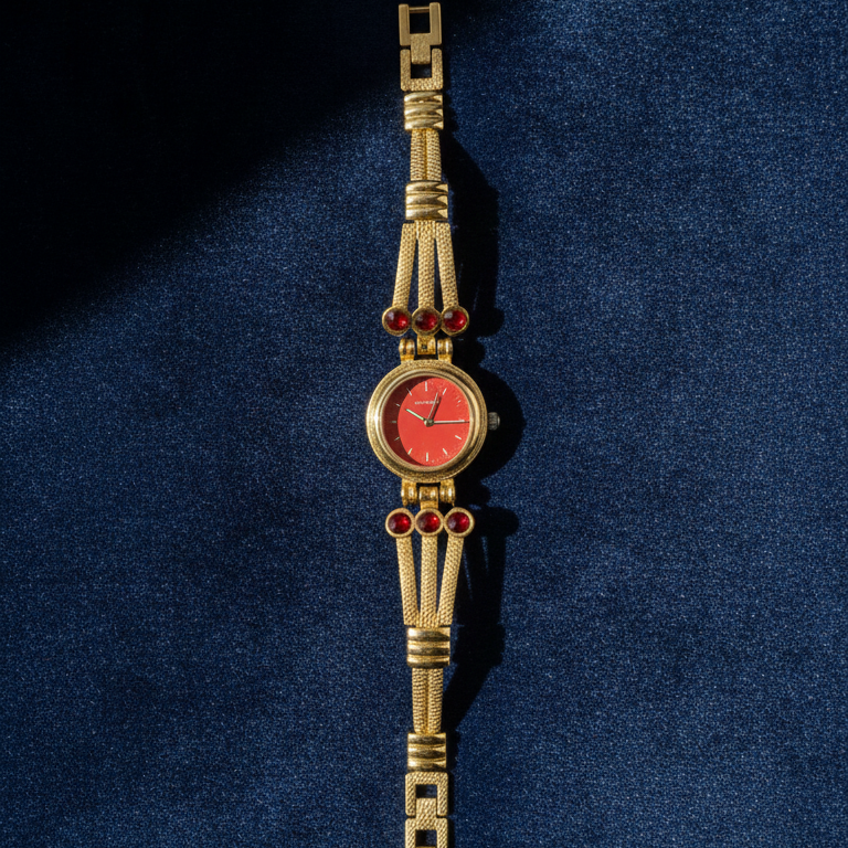 Vintage Gold-Tone Bracelet Watch with Ruby-Red Accents