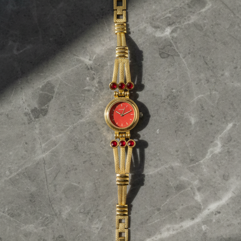 Vintage Gold-Tone Bracelet Watch with Ruby-Red Accents