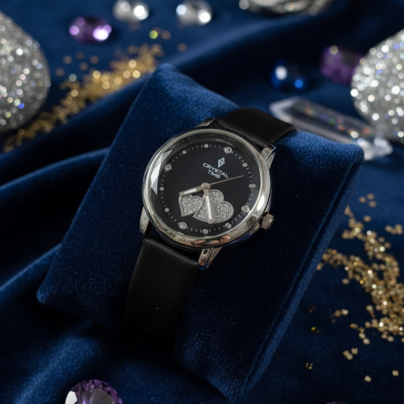 Elegant Crystal Time Women's Black Leather Strap Watch with Pavé Crystal Heart Accents( WITHOUT BOX )