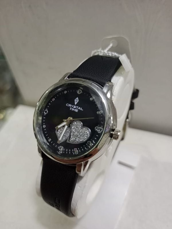 Elegant Crystal Time Women's Black Leather Strap Watch with Pavé Crystal Heart Accents( WITHOUT BOX )