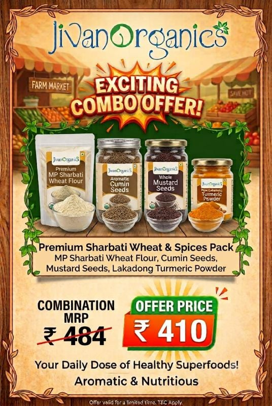 Jivan Organics Combo - MP Wheat Flour | Lakadong Turmeric Powder | Cumin Seeds | Mustard Seeds