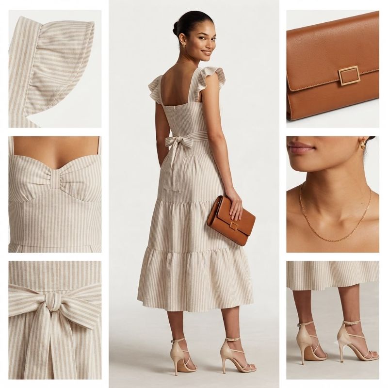 beige and white striped midi dress