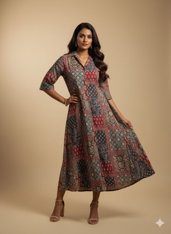 Multicoloured Printed Midi Dress
