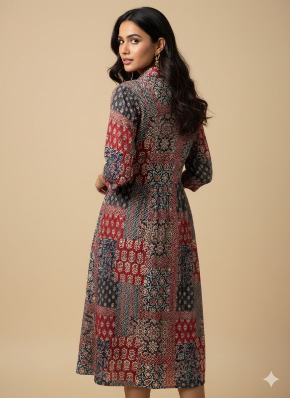 Multicoloured Printed Midi Dress