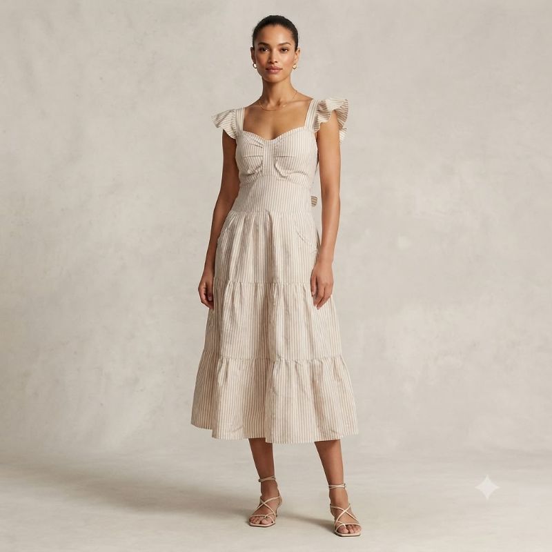 beige and white striped midi dress