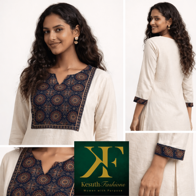 Ajrakh Cream Cotton Kurta