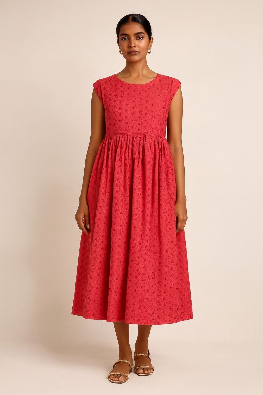 Red Hakoba cotton midi dress