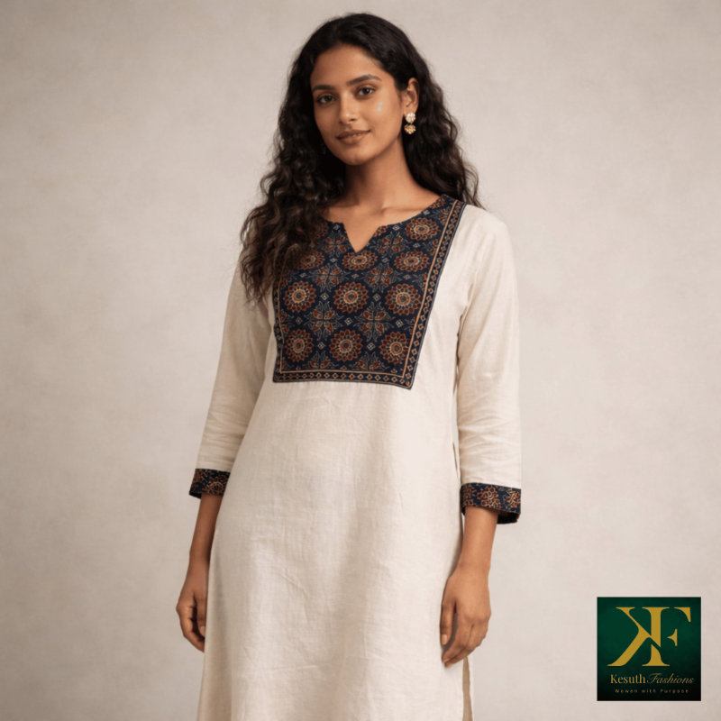 Ajrakh Cream Cotton Kurta