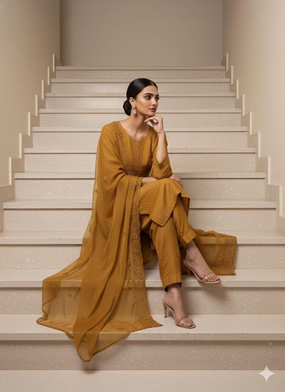 Mustard Embroidered Kurta Set