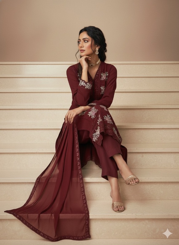 Maroon Crosstich SUIT SET