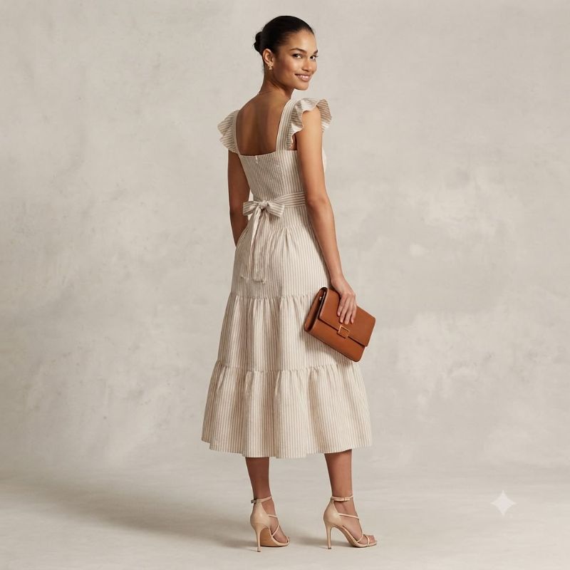 beige and white striped midi dress