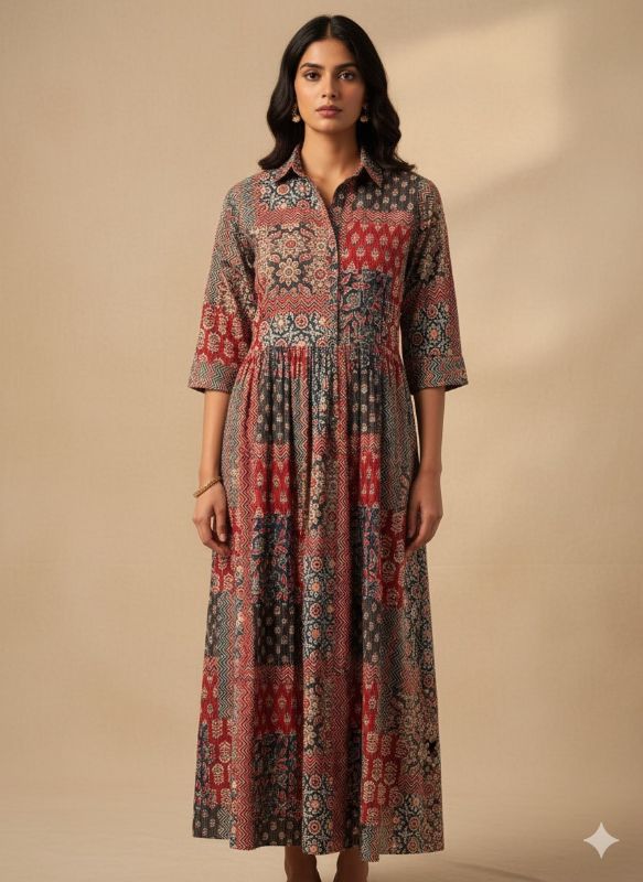 Multicoloured Printed Midi Dress