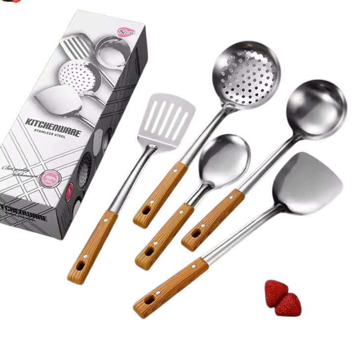 Ensemble de 5 ustensiles de cuisine en acier inoxydable : louche, cuillère, écumoire, spatule fendue