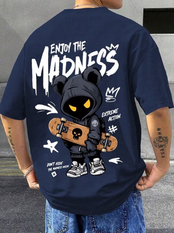 HORIZON FASHION "Enjoy The Madness" Oversized T-Shirt for Men - 100% Premium Cotton Baggy Streetwear Shirt