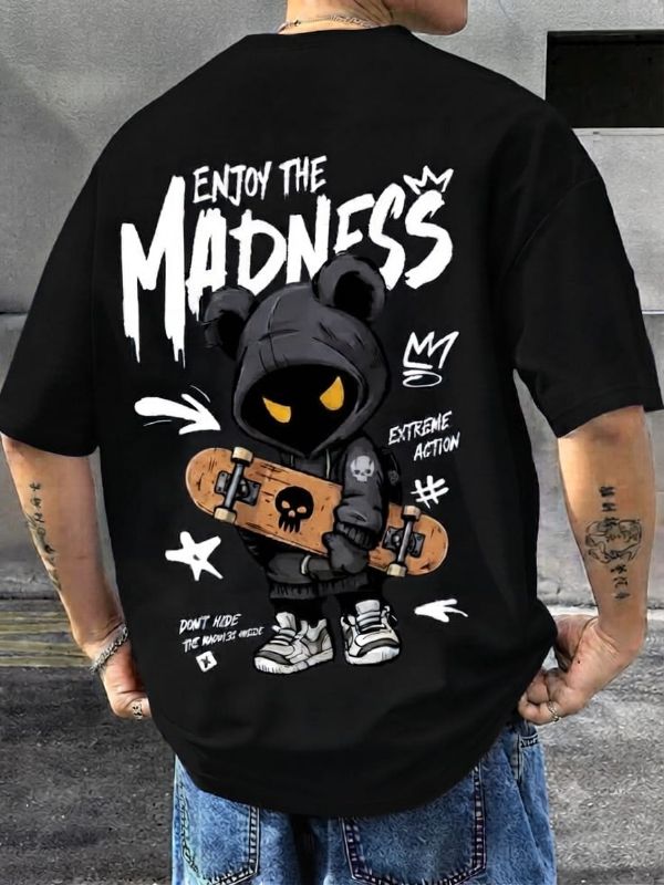 HORIZON FASHION "Enjoy The Madness" Oversized T-Shirt for Men - 100% Premium Cotton Baggy Streetwear Shirt