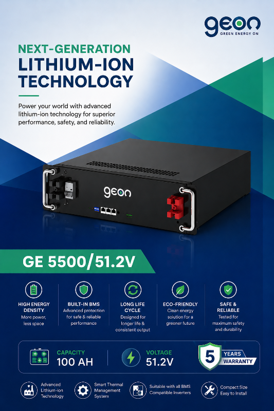 Geon GE5500⁺ 51.2V 100Ah Lithium-Ion Inverter Battery, 14+ Hours Backup, Fast Charging, Longer Life, Smart BMS, Compatible with Different Types of Inverter