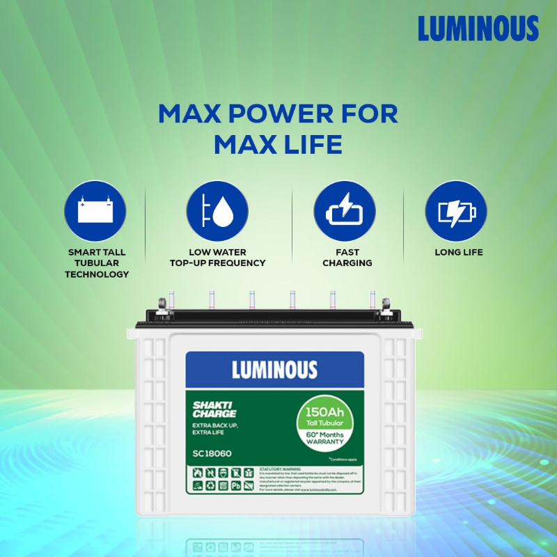 LuminousShakti Charge SC 18060 Tall Tubular Inverter Battery for Home, Office & Shops | 150Ah/12V High-Performance, Durable & Low Maintenance Battery | Easy Installation | 60 Months Warranty