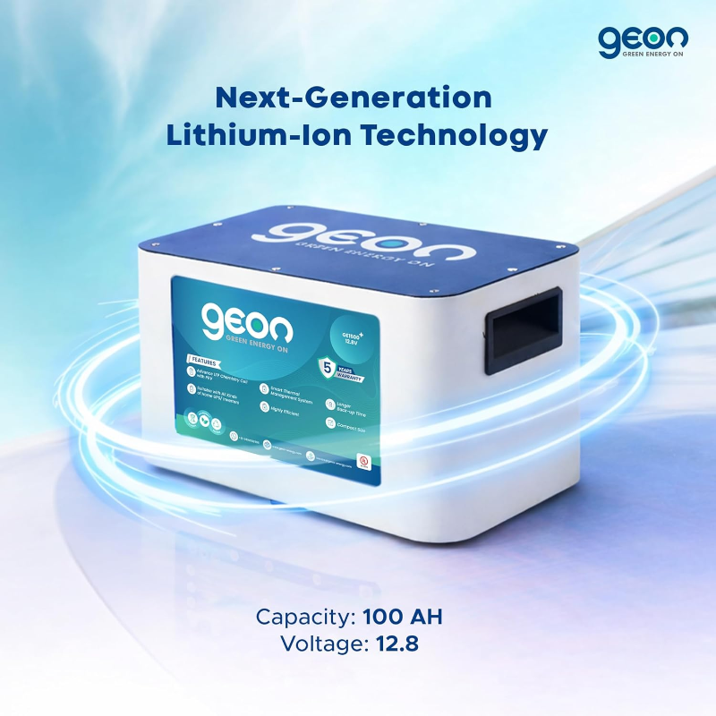Geon GE1500⁺ 12.8V 100Ah Lithium-Ion Inverter Battery, 3+ Hours Backup, Fast Charging, Longer Life, Smart BMS